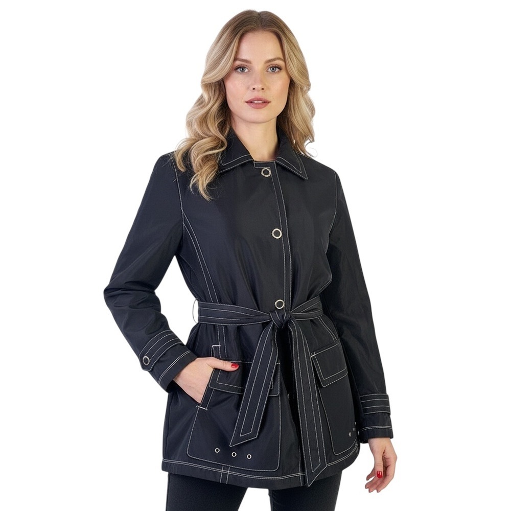 JONES NEW YORK BLUE COAT NAUTICAL TRENCH COAT BELT CONTRASTING STITCHES LARGE